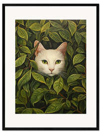 Impression artistique encadrée White cat hiding in green leaves