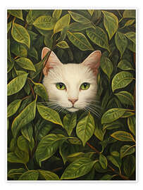 Poster White cat hiding in green leaves