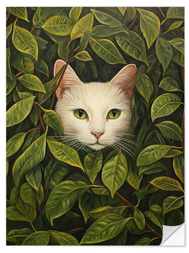 Självhäftande poster White cat hiding in green leaves