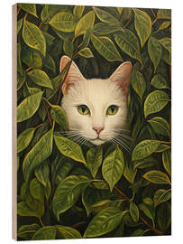 Wood print White cat hiding in green leaves