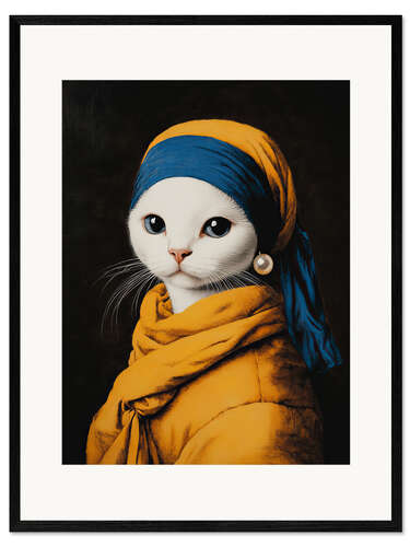 Framed art print Cat with white pearl