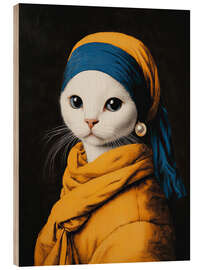 Cuadro de madera Cat with white pearl