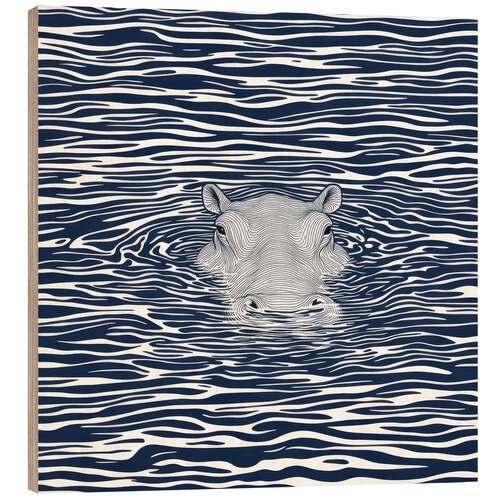 Wood print Swimming Hippo