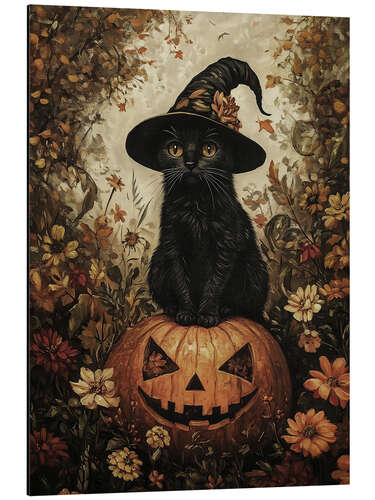 Aluminium print Black kitten with pumpkin