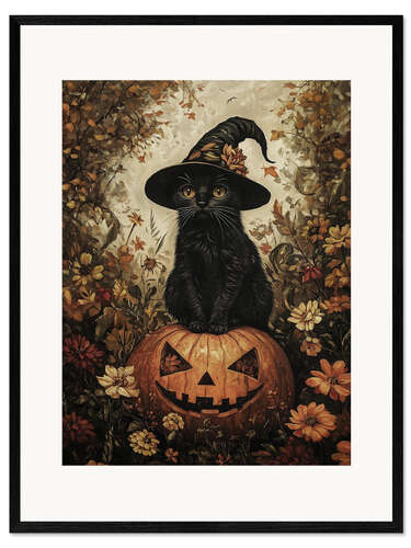 Ingelijste kunstdruk Black kitten with pumpkin