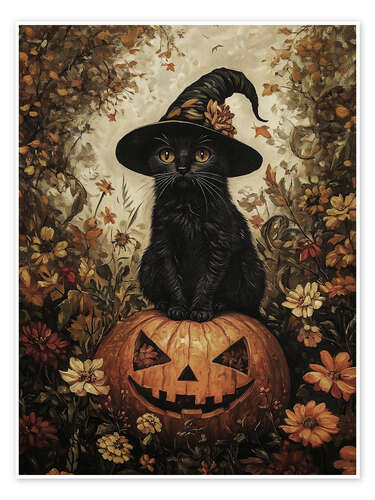 Poster Black kitten with pumpkin