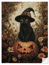 Naklejka na ścianę Black kitten with pumpkin