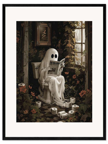 Kehystetty taidepainatus Ghost reading newspaper on toilet
