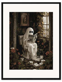 Plakat artystyczny premium w ramie Ghost reading newspaper on toilet