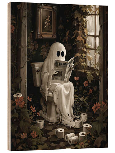 Cuadro de madera Ghost reading newspaper on toilet