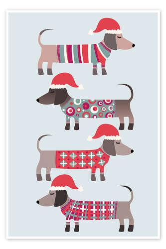 Póster Christmas Wiener Dogs in Santa Hats