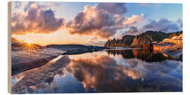 Holzbild Sonnenuntergang auf Teufelszähne, Insel Senja, Norwegen - Achim Thomae