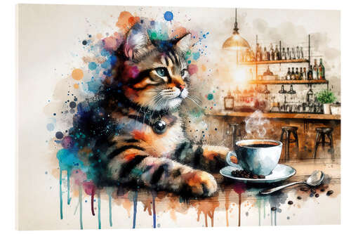 Akrylbillede Cat drinking coffee in watercolour