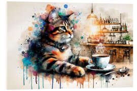 Akrylbillede Cat drinking coffee in watercolour - nobelart
