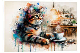 Alubild Katze trinkt Kaffee in Aquarell - nobelart