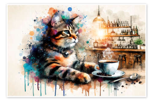 Póster Cat drinking coffee in watercolour
