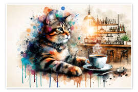 Obra artística Cat drinking coffee in watercolour - nobelart