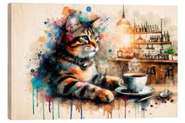 Cuadro de madera Cat drinking coffee in watercolour - nobelart