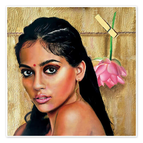 Poster Beautiful Indian woman with pink flower