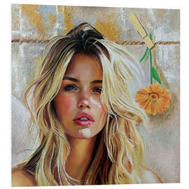 Hartschaumbild Blonde Frau mit orangefarbener Blume