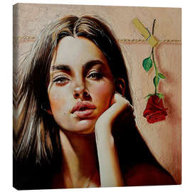 Canvastavla Beautiful brunette woman with rose