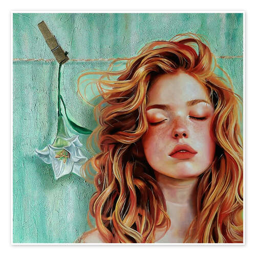 Poster Beautiful red-haired woman with white lily