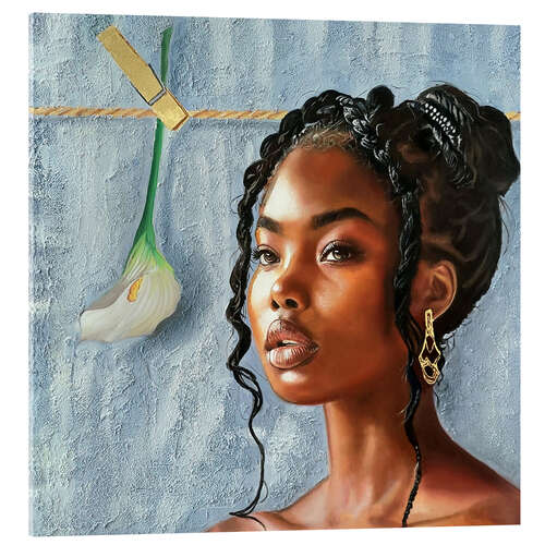 Tableau en verre acrylique Beautiful black woman with whit flower