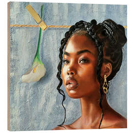 Wood print Beautiful black woman with whit flower