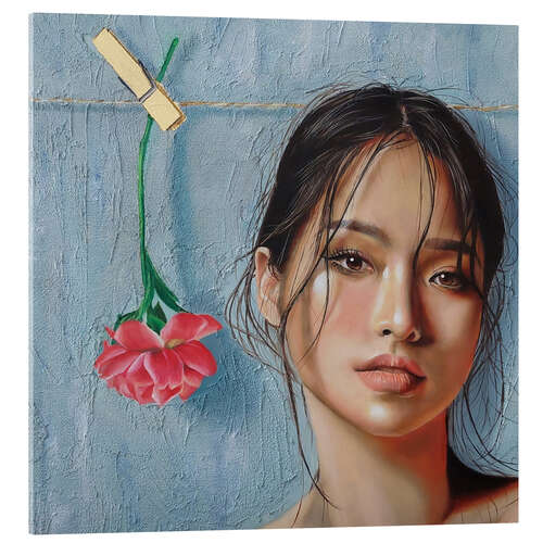 Acrylic print Beautiful woman with pink flower
