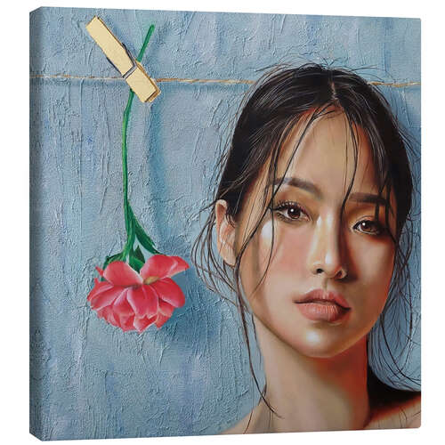 Canvastavla Beautiful woman with pink flower