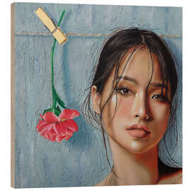 Holzbild Schöne Frau mit rosa Blume - Simona Zecca