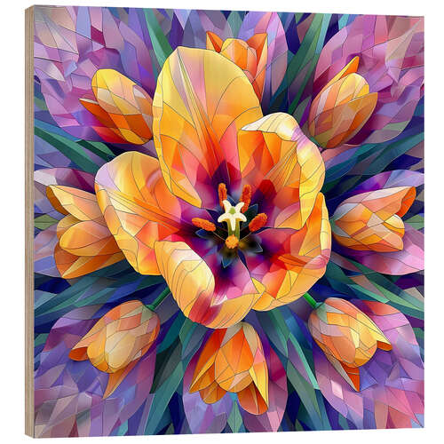 Wood print Yellow tulips on purple