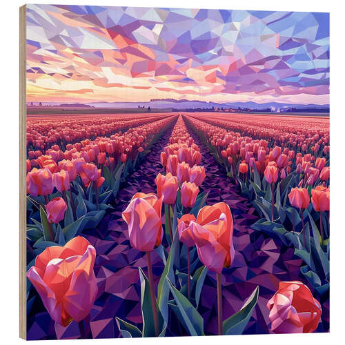 Holzbild Tulpen bei Sonnenuntergang