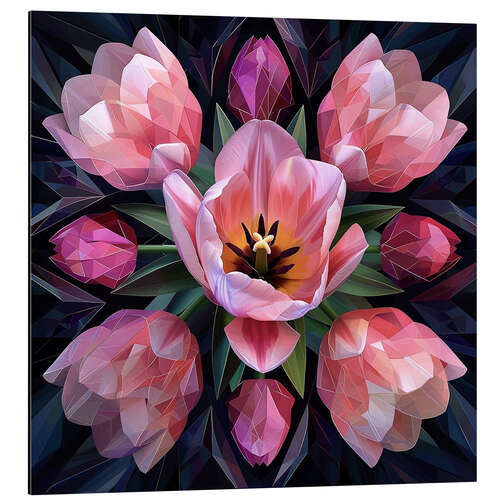 Aluminium print Pink tulips on black
