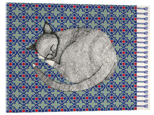 Acrylglasbild Schlafende Katze auf Blauem Teppich