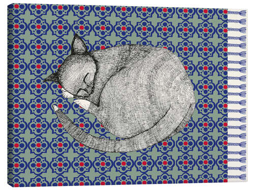 Lienzo Sleeping cat on blue carpet