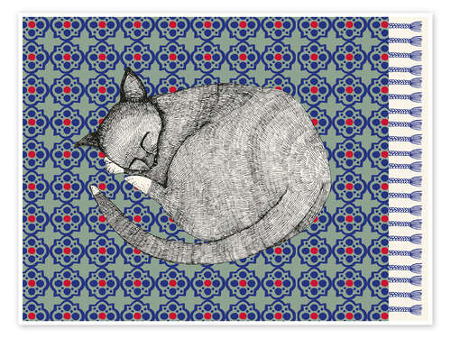 Póster Sleeping cat on blue carpet