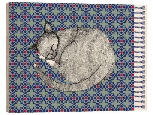 Wood print Sleeping cat on blue carpet