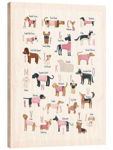 Holzbild Alphabet mit Hunden in Rosa Pulli