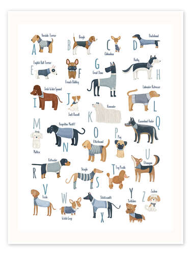 Poster The Alphabet of Dogs with blue Sweaters