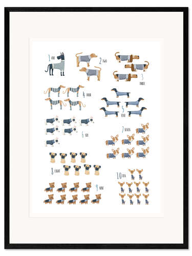 Framed art print Learn the numbers with dogs in blue sweaters
