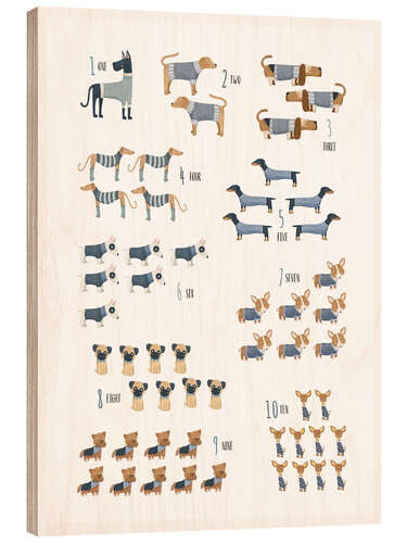 Hout print Learn the numbers with dogs in blue sweaters