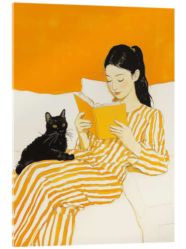 Akryylilasitaulu Reading session with cat in yellow