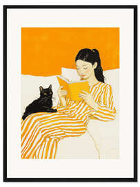 Gerahmter Kunstdruck Lesestunde In Gelb mit Katze