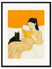 Impression artistique encadrée Reading session with cat in yellow
