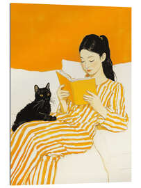 Gallery print Reading session with cat in yellow