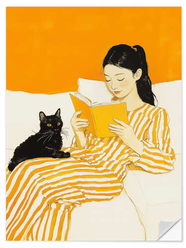 Sisustustarra Reading session with cat in yellow