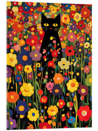 Tableau en verre acrylique Flower garden with black cat