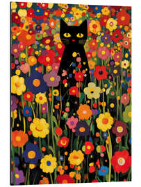 Aluminiumsbilde Flower garden with black cat