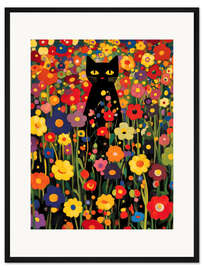 Gerahmter Kunstdruck Blumen-Garten mit schwarzer Katze